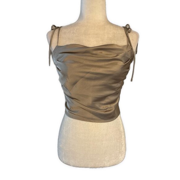 Fore Women’s Satin Beige Taupe Crop Tank Top Cowl Neck Small - Picture 1 of 4
